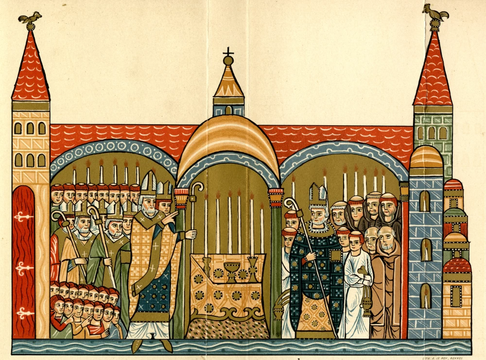 Consécration de l’autel majeur de Cluny III par le pape Urbain II lithographie représentant le clergé séculier et régulier